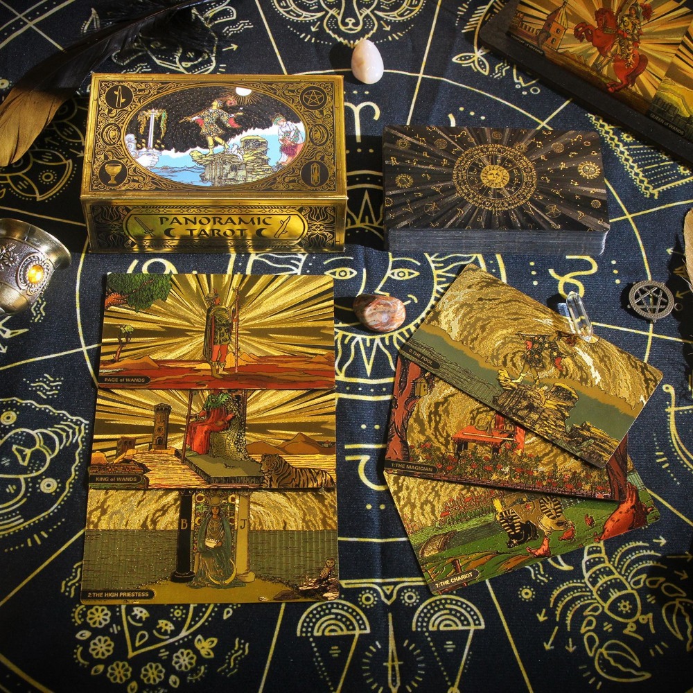 Tarot Cards Deck With Guidebook - 初心者向けタロットカード,クラシックなパノラマライダーカード,防水,ペット,金箔付きプラスチック,12x7cm, 78個